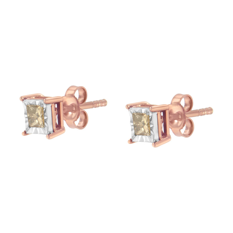 Bids.com 14K Rose Gold Plated Two-Tone .925 Sterling Silver 1/2 Cttw Princess-Cut Square Diamond Solitaire Miracle-Plate Stud Earrings (K-L Color, I2-I3 Clarity) Earrings