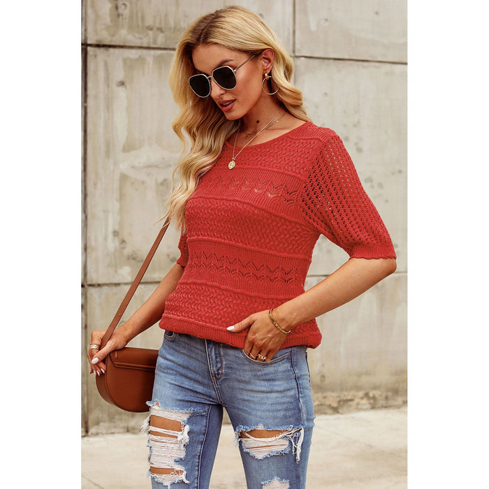 Openwork Round Neck Half Sleeve Knit Top