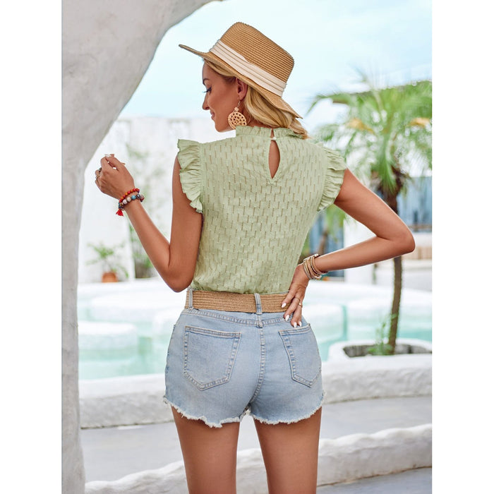 Eyelet Ruffle Trim Cap Sleeve Tank