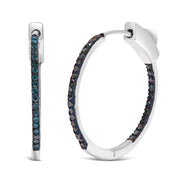 Bids.com .925 Sterling Silver 1/3 Cttw Inside Out Blue Treated Diamond 1MM Wide Hoop Earrings (Blue Color, I2-I3 Clarity) Earrings