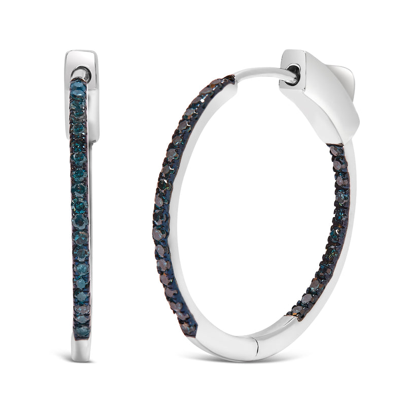 Bids.com .925 Sterling Silver 1/3 Cttw Inside Out Blue Treated Diamond 1MM Wide Hoop Earrings (Blue Color, I2-I3 Clarity) Earrings
