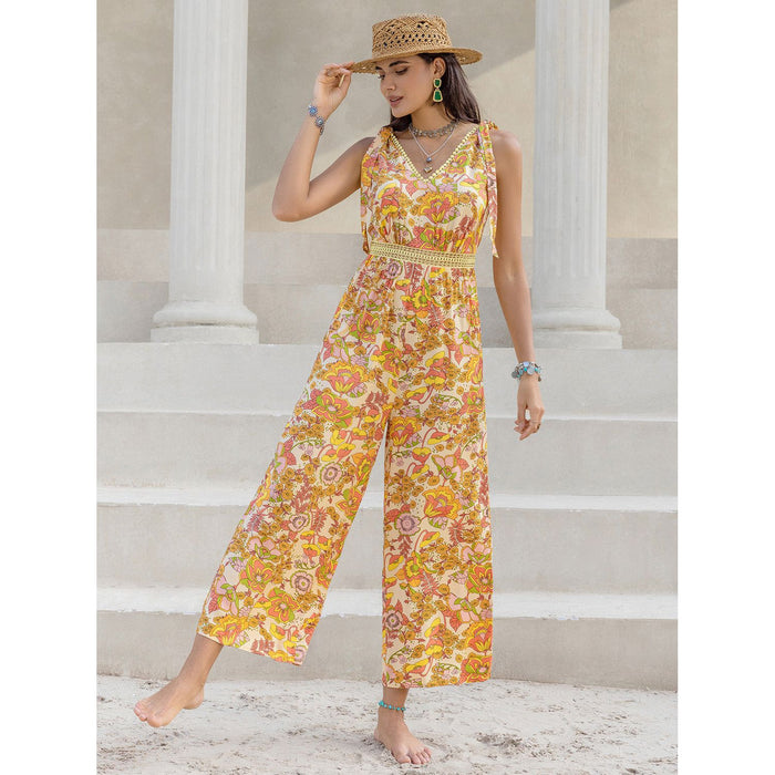 Printed V-Neck Tie Shoulder Jumpsuit