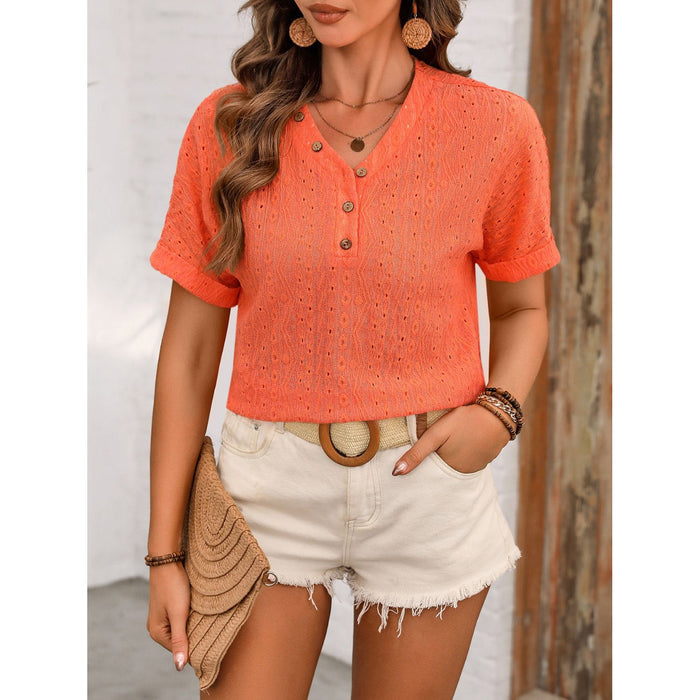 Eyelet V-Neck Short Sleeve Top