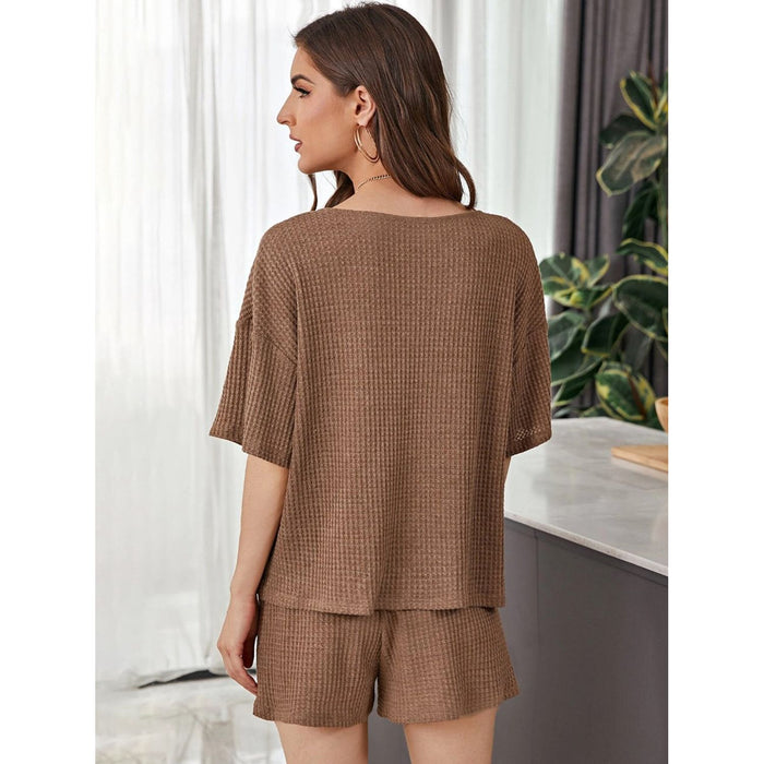 Waffle-Knit Dropped Shoulder Top and Shorts Set