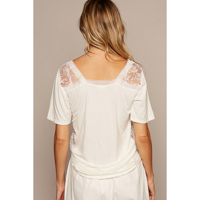 POL V-Neck Short Sleeve Lace Trim Top