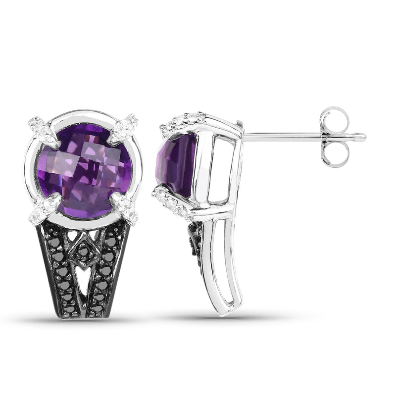 Bids.com 3.61 Carat Genuine Amethyst, Black Diamond and White Diamond .925 Sterling Silver Earrings Earrings