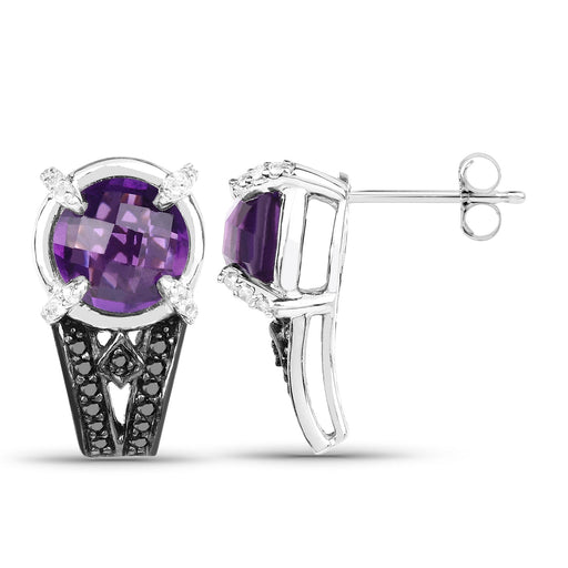 Bids.com 3.61 Carat Genuine Amethyst, Black Diamond and White Diamond .925 Sterling Silver Earrings Earrings