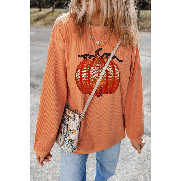 Sequin Pumpkin Round Neck Long Sleeve Sweatshirt