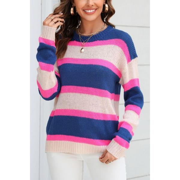 Color Block Round Neck Dropped Shoulder Sweater