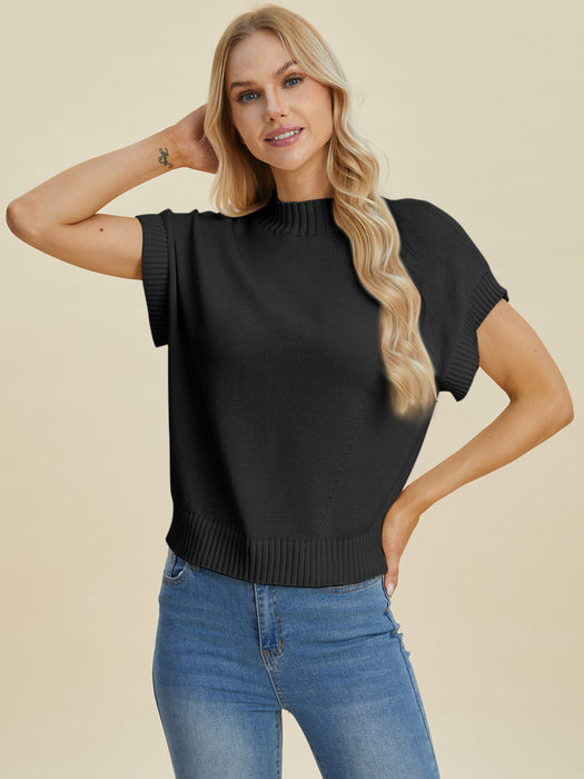 Full Size Mock Neck Short Sleeve Sweater