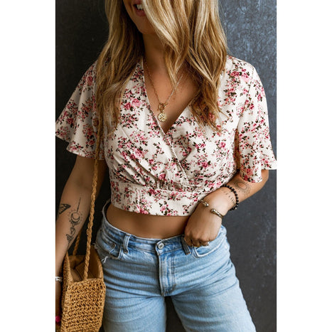 Printed Surplice Half Sleeve Blouse