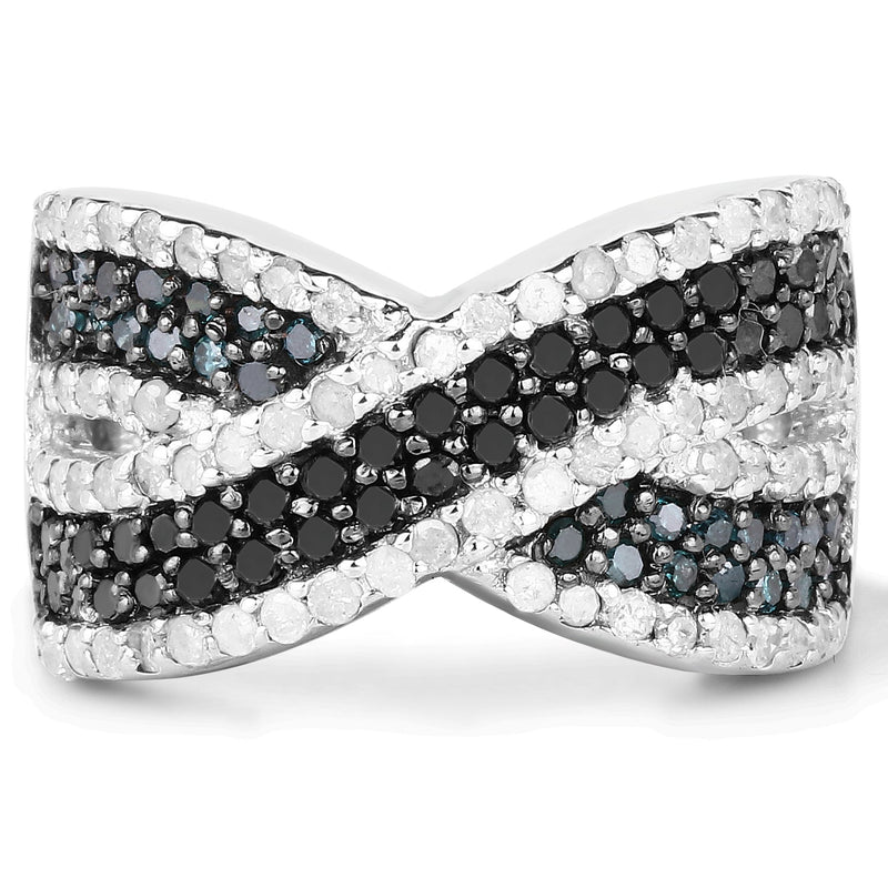 Bids.com 1.57 Carat Genuine Blue Diamond, White Diamond & Black Diamond .925 Sterling Silver Ring Rings