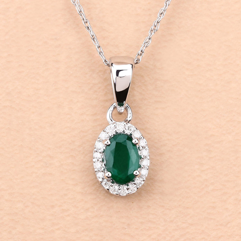 Bids.com 0.81 Carat Genuine Zambian Emerald and White Diamond 14K White Gold Pendant Pendants