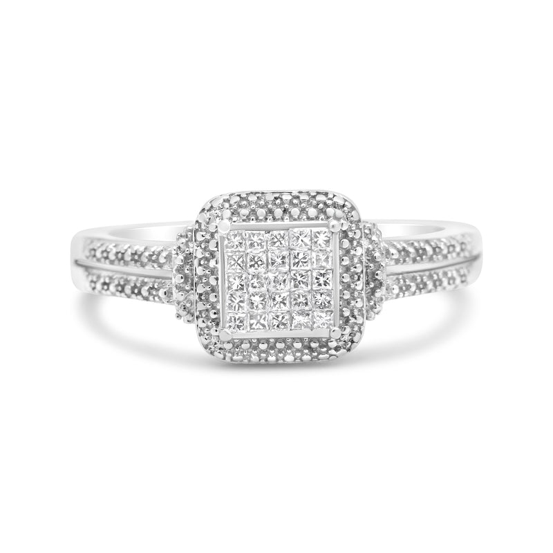 Bids.com .925 Sterling Silver 1/4 Cttw Princess-cut Diamond Composite Ring with Beaded Halo (H-I Color, SI1-SI2 Clarity) - Size 7 Rings