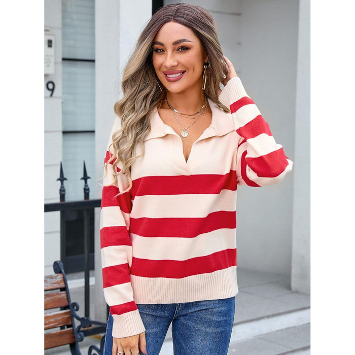 Striped Johnny Collar Knit Top