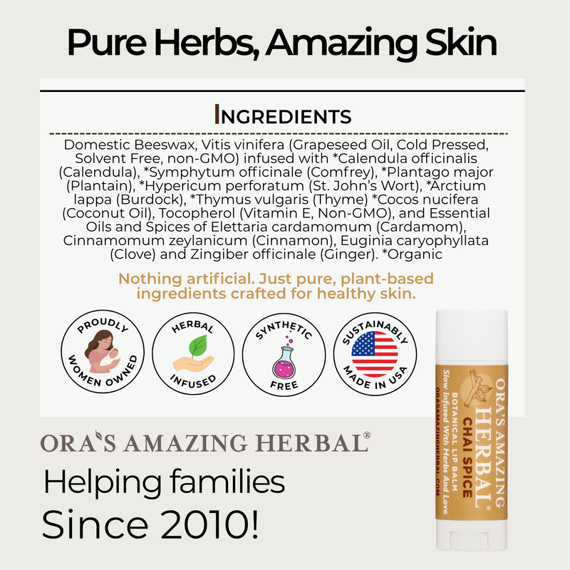 Ora's Amazing Herbal Natural Lip Balm, Herbal Infused, Chai Spice