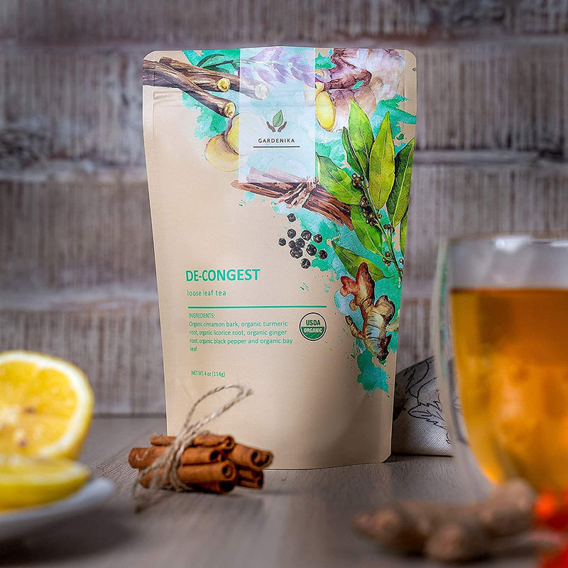 Gardenika Shop Decongest Loose Tea, Respiratory Comfort & Warming Support - Ayurvedic Blend with Turmeric - Ginger & Cinnamon - Herbal & Caffeine Free - Organic & Kosher Loose Leaf Tea