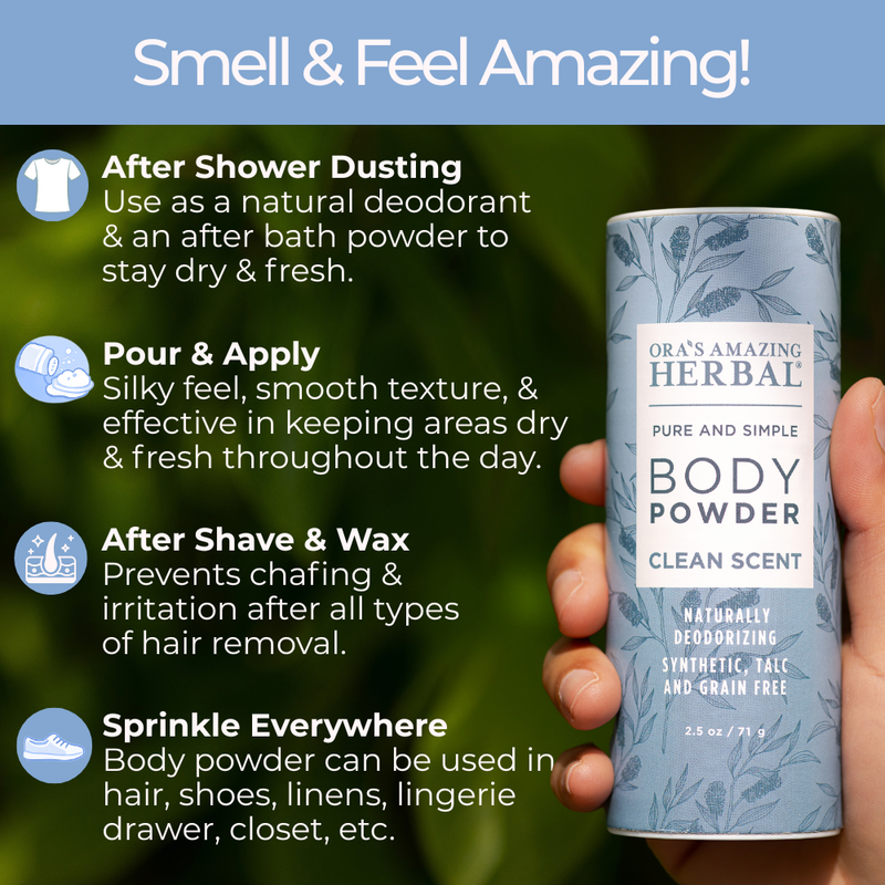 Ora's Amazing Herbal Talc Free Body Powder, Clean Scent Body Powder