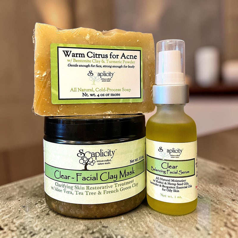 Soaplicity Clear Skincare Sets for Oily Skin Bundles Sienna Clear Facial Soap & Serum,Clear Facial Soap & Mask,Clear Facial Trio (Soap, Mask & Serum)