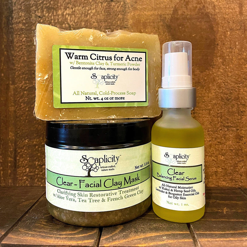 Soaplicity Clear Skincare Sets for Oily Skin Bundles Saddle Brown Clear Facial Trio (Soap, Mask & Serum)