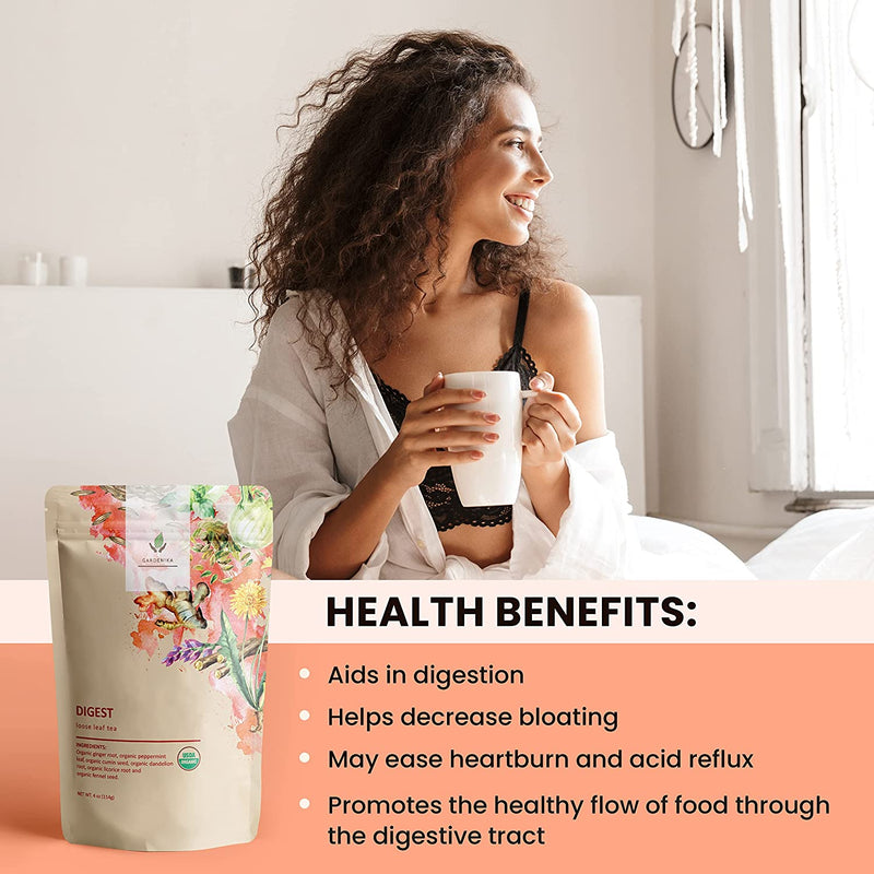 Gardenika Shop Digest Awake Loose Tea, Bloating & Stomach Ease - Ayurvedic Blend with Ginger & Peppermint - Herbal & Caffeine Free - Organic & Kosher Loose Leaf Tea