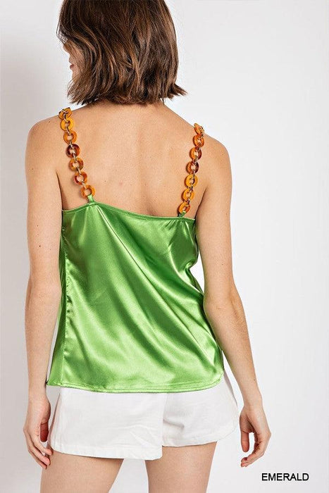 Cowl neck satin camisole with chain strap by VYSN