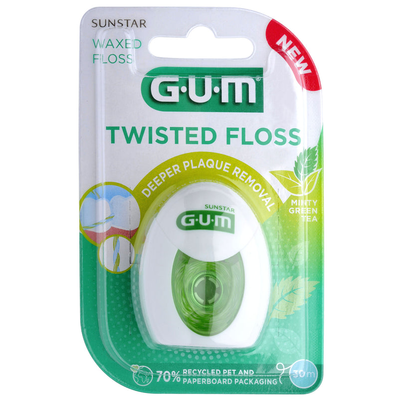 GUM GUM Twisted Floss Deeper Plaque Removal Minty Green Tea 30m Dental Floss