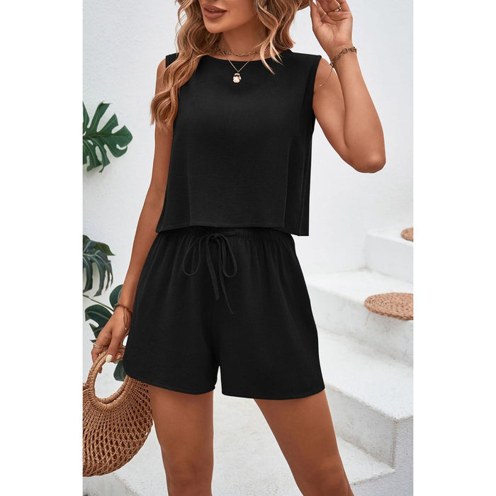 Round Neck Top and Drawstring Shorts Set