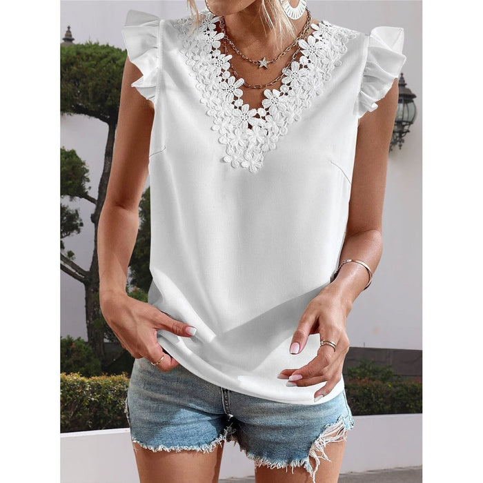 Lace Detail V-Neck Cap Sleeve Blouse