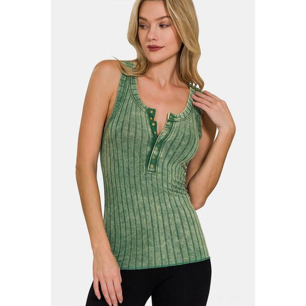 Zenana Washed Ribbed Half Snap Henry Tank