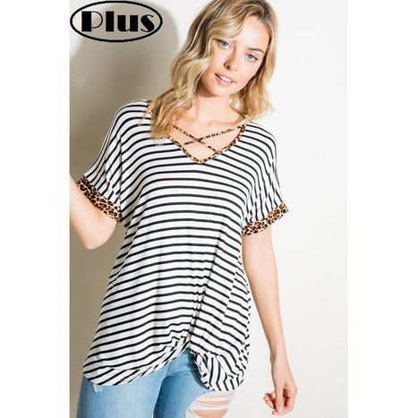 Plus Stripe Animal V Neck Loose Top