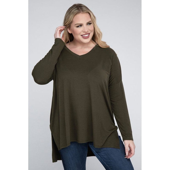 Plus Dolman Sleeve V-Neck Side Slit Hi-Low Hem Top