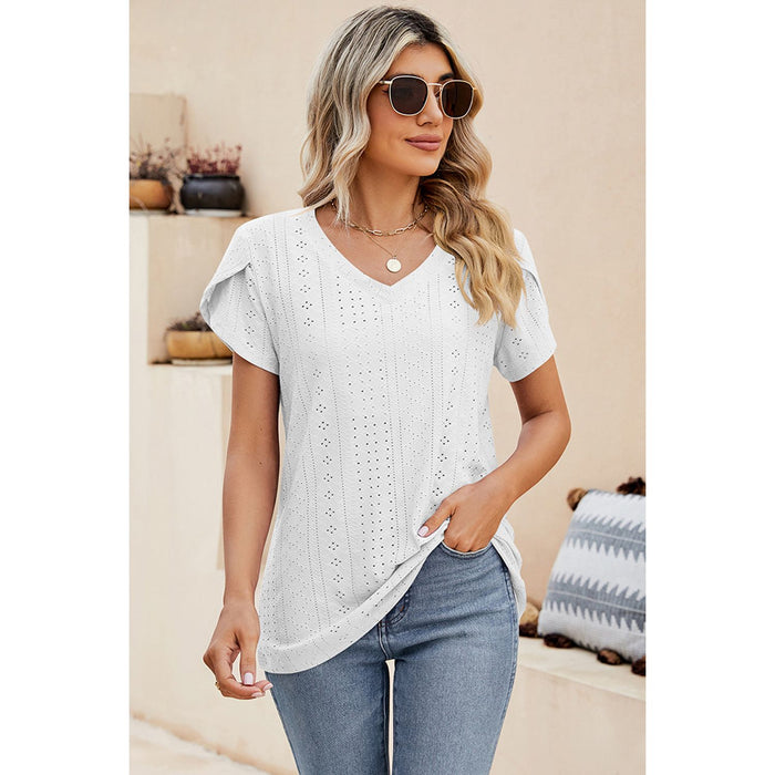 Eyelet V-Neck Petal Sleeve T-Shirt