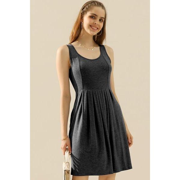 Doublju Round Neck Ruched Sleeveless Dress with Pockets