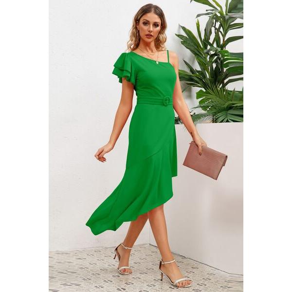 Ruffled Asymmetrical Neck Flutter Sleeve Dress