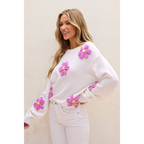 Crochet Flower Round Neck Long Sleeve Sweater