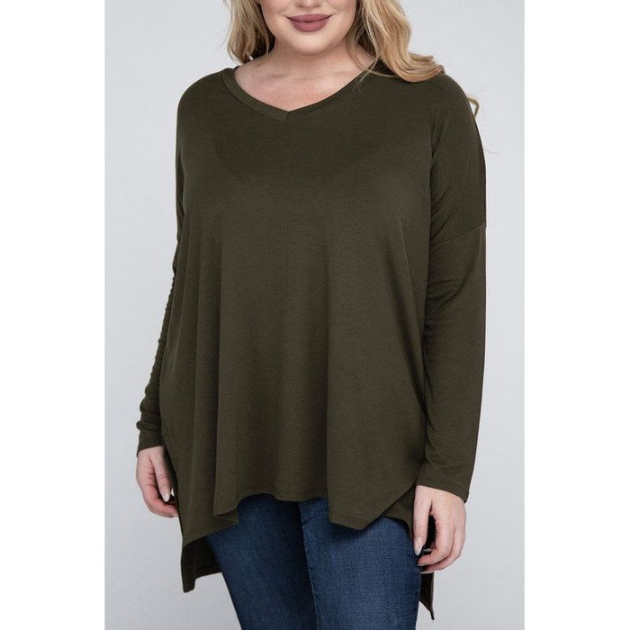 Plus Dolman Sleeve V-Neck Side Slit Hi-Low Hem Top