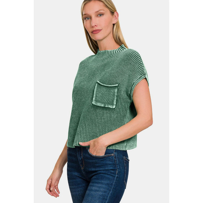 Washed Mock Neck Short Sleeve Cropped Sweater