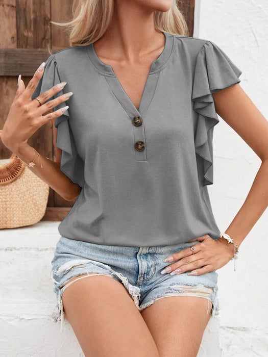 Ruffled Notched Cap Sleeve T-Shirt