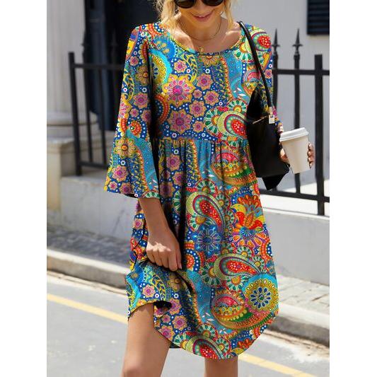 Paisley Print Round Neck Three-Quarter Sleeve Dress