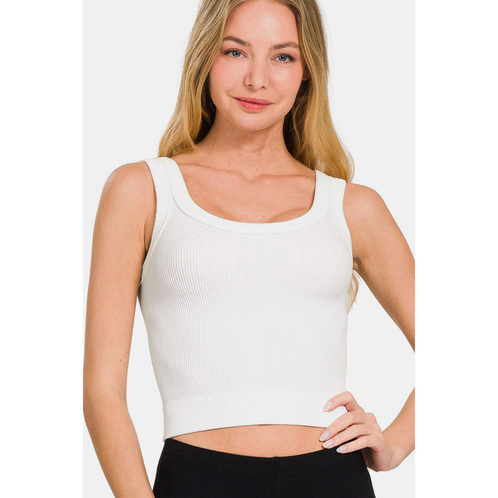 Zenana Ribbed Round Neck Cropped Tank in White