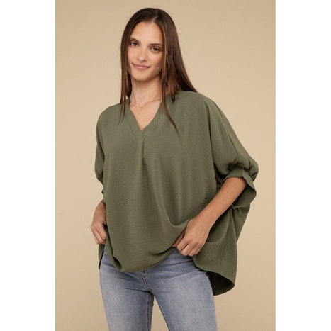 Woven Airflow V-Neck Puff Half Sleeve Top