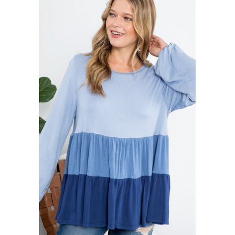 COLOR BLOCK RUFFLE TIERED SWING TOP