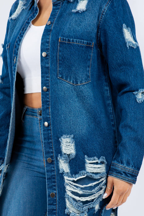 Distressed Button Up Long Sleeve Denim Jacket