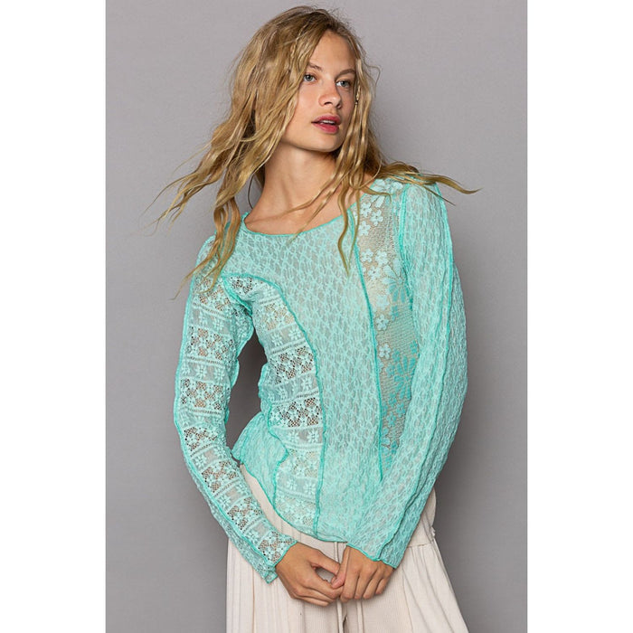 POL Exposed Seam Long Sleeve Lace Knit Top