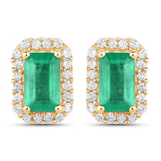 Bids.com 0.91 Carat Genuine Zambian Emerald and White Diamond 14K Yellow Gold Earrings Earrings