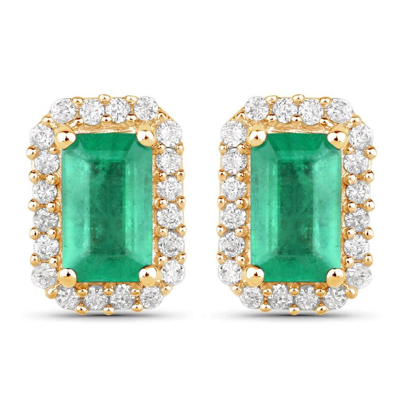 Bids.com 0.91 Carat Genuine Zambian Emerald and White Diamond 14K Yellow Gold Earrings Earrings
