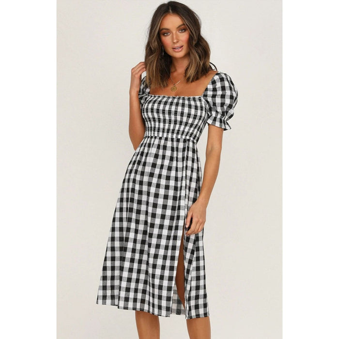 Full Size Slit Plaid Short Sleeve Midi Dress