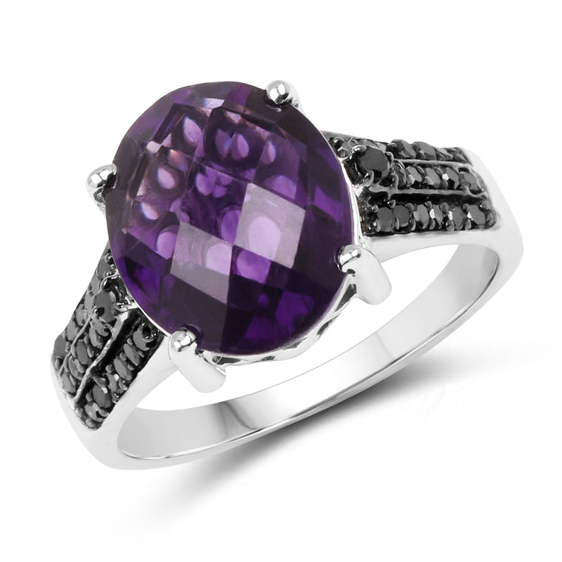 Bids.com 3.96 Carat Genuine Amethyst & Black Diamond .925 Sterling Silver Ring Rings