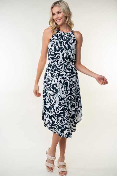 Tied Ruched Floral Sleeveless Knee Length Dress in Black